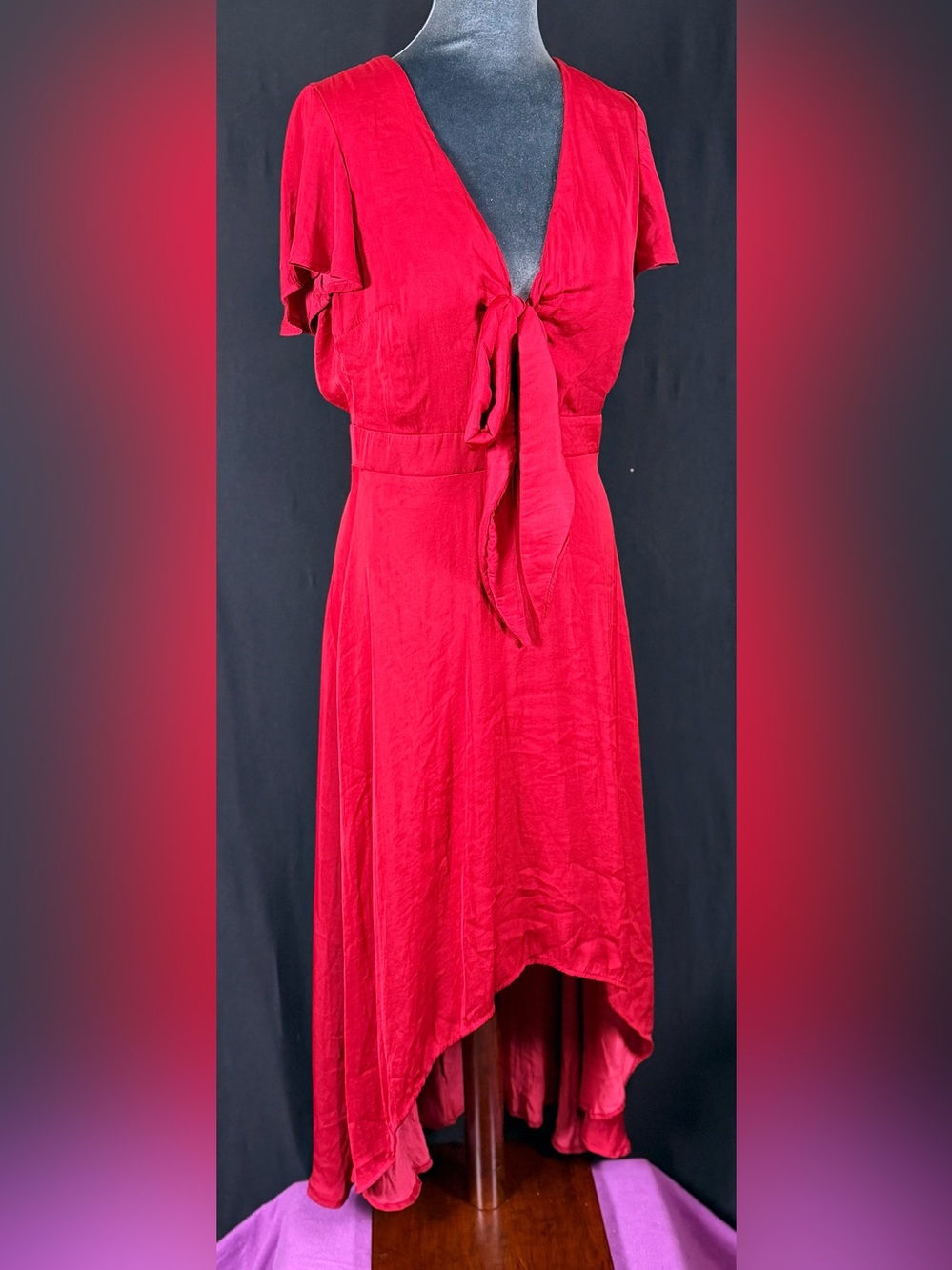 Audrey Parks Dress Red Tie-Front High-Low with Flutter Sleeves Tie front Zip up